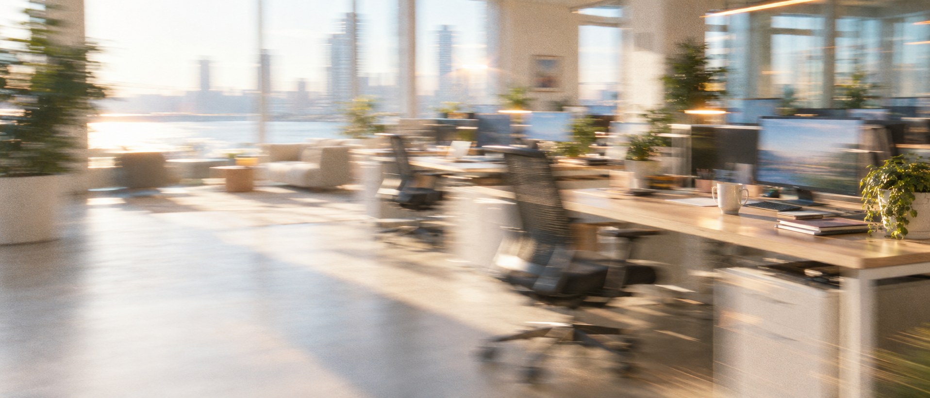 An empty open-plan office in daylight, screens on and chairs pushed back, blurred by motion