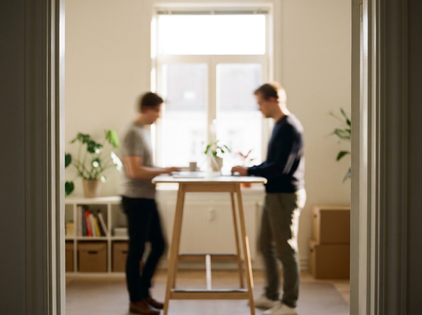 Two colleagues talking at a standing desk in a bright office