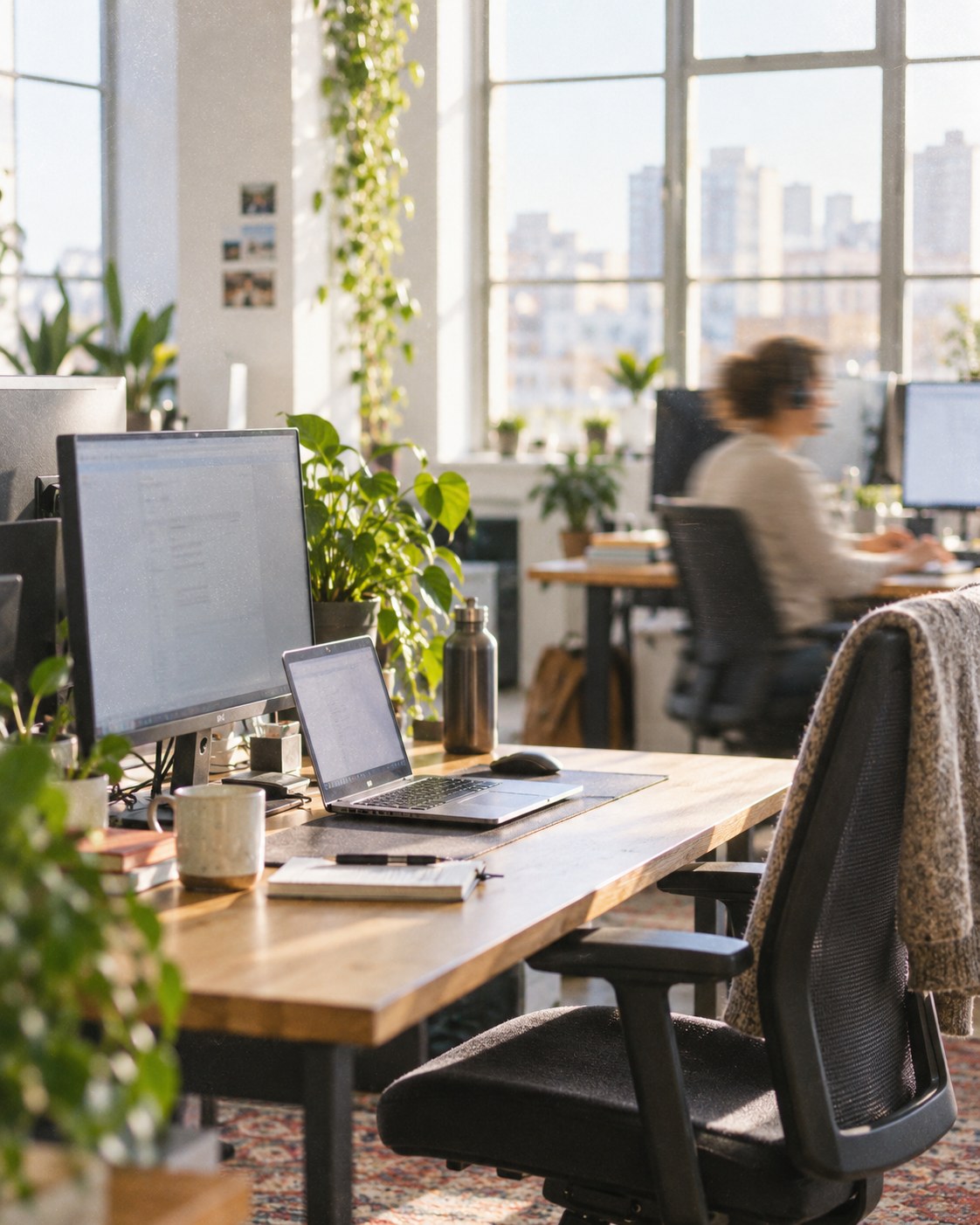 A small software company office in daylight, someone with a headset helping a customer
